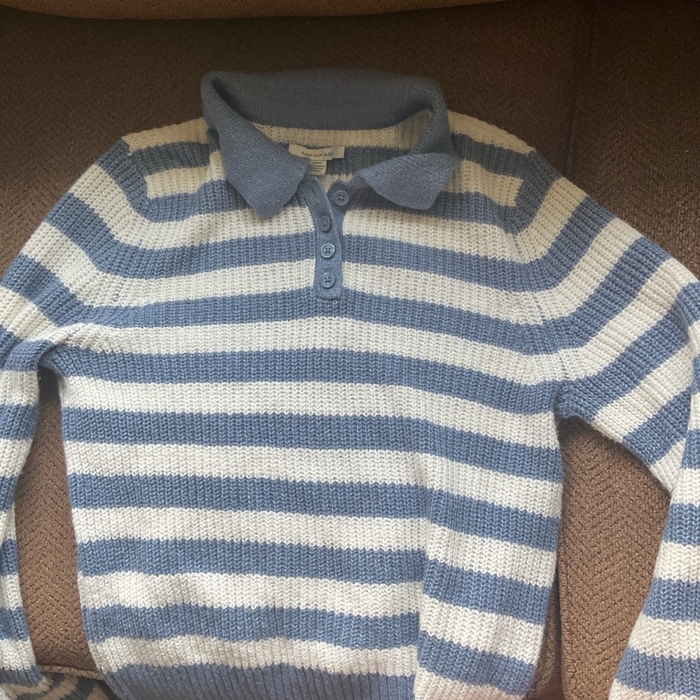 American eagle blue striped knit polo sweater
